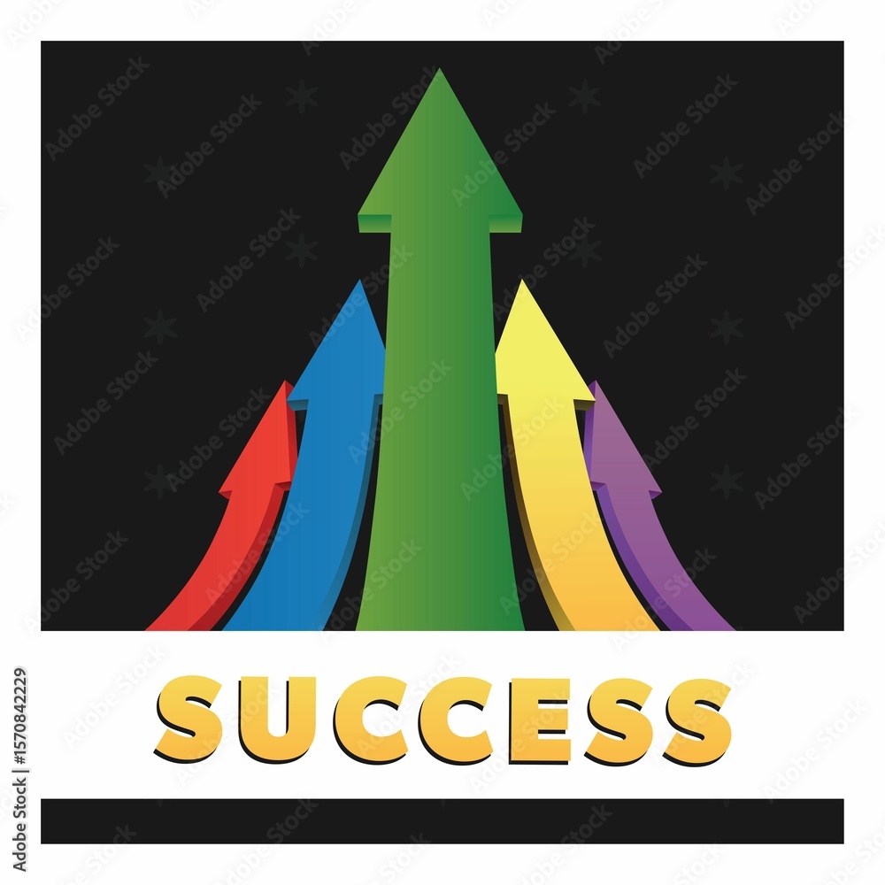 Poster image of success text with arrows pointing up on black background