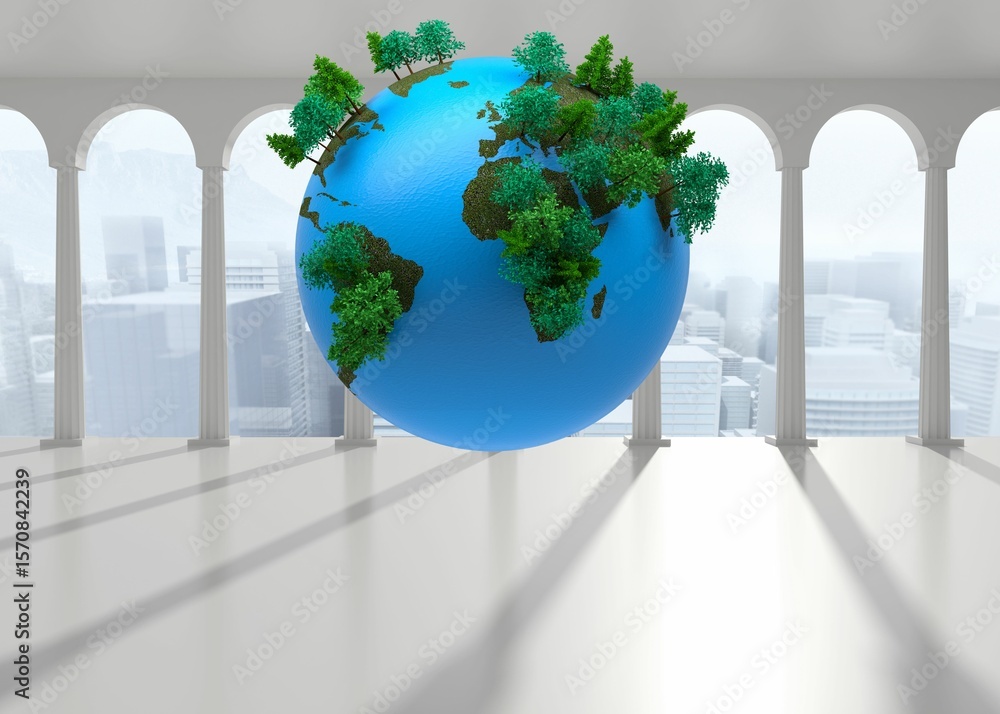 Poster 3d render showing floating earth globe with tiny trees inside white hall arches overlooking skyline