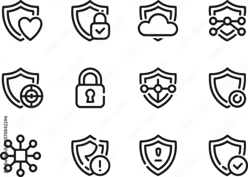 Poster security and protection icon set simple line style shields featuring cyber network cloud privacy and