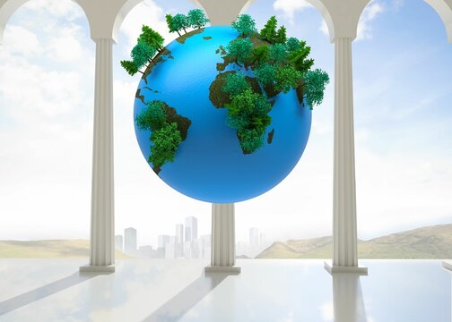 Fototapeta 3D Earth globe sprouting green trees on classical column within marble arcade framing misty skyline