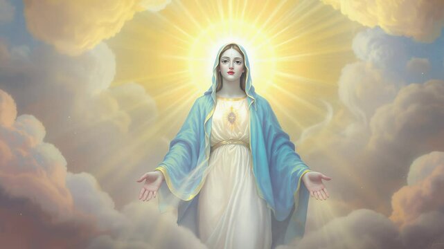 Divine mother Mary surrounded by clouds and light shining as a symbol of faith and hope in a heavenly atmosphere