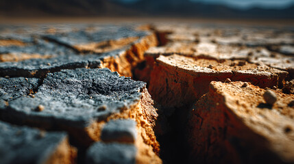 Close-up Macro View of Cracked Dry Earth Symbolizing Drought and Arid Conditions in a Barren Landscape