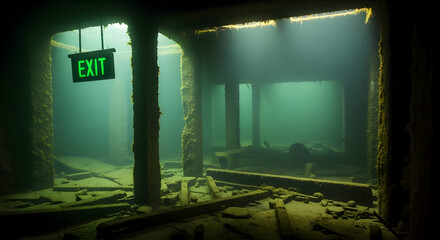 Underwater Relic Emitting An Exit Sign In Sunken Submerged Structure With Mystic Rays