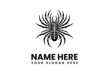 A stylized black and white spider emblem with text below, on white background.