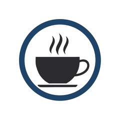 Dark cup with steam on saucer inside blue circle coffee cup hot drink