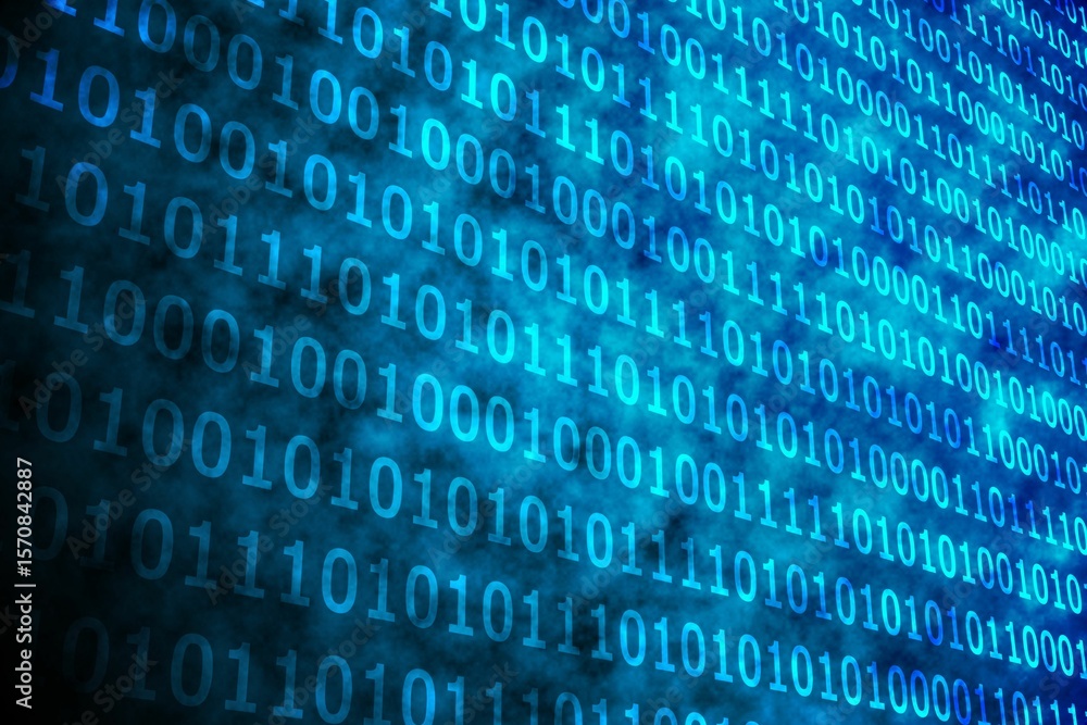 Poster shiny blue binary code on black background