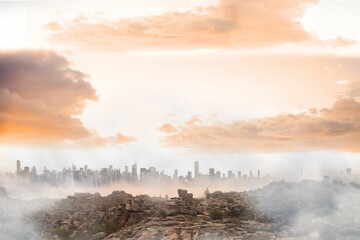 Flat design showing rocky plateau and mist surrounding distant skyscrapers under golden clouds