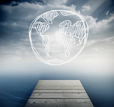 Fototapeta White drawn earth over sky and ocean