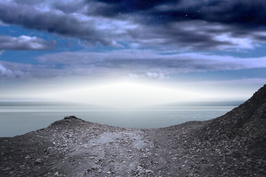 Fototapeta Rocky path is leading through jagged slopes in flat design, showing calm water and cloud layers