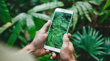 Exploring digital technology with a smartphone in a green
