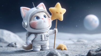 Cute 3D Cat Astronaut Holding Star Flag on the Moon with Planet in Background.