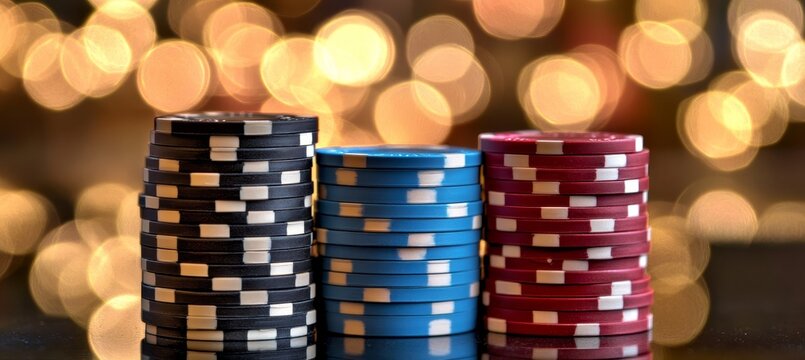 Vibrant Stacks of Poker Chips in Black, Red, and Blue on a Reflective Surface with Bokeh Effects