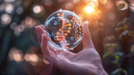 Hand holding a bubble with DNA structure inside