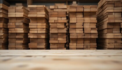 Stacked Lumber Wood Planks Background in Warehouse or Shop