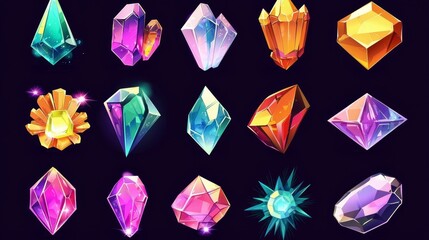 Delightful cartoon gemstones and crystals set on a rich dark surface.