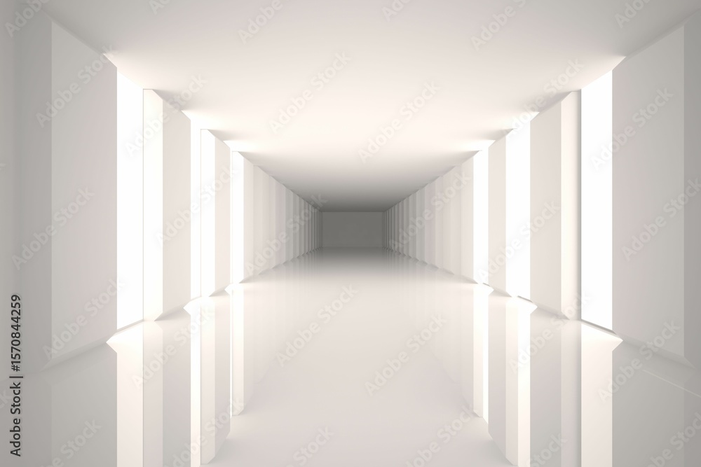Poster minimalist corridor is showing white walls and high-gloss floor in 3d render with vertical panels