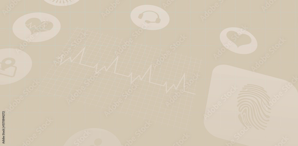 Poster displaying ecg waveform on faint grid in flat ui showing fingerprint heart headset and avatar icons