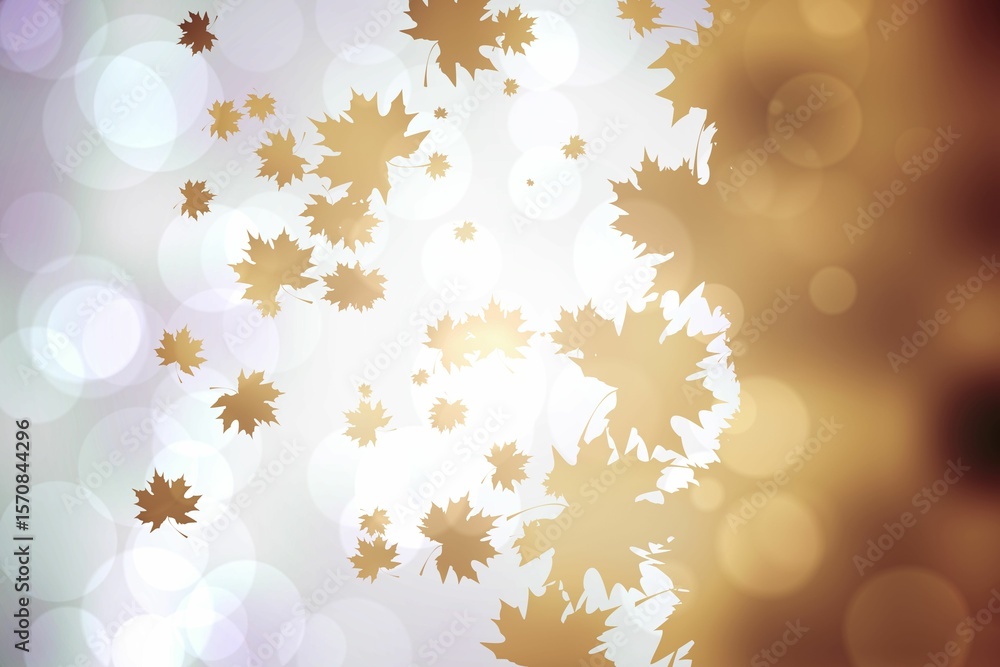 Poster golden maple leaf silhouettes are scattering across soft-focus bokeh gradient abstract flat design
