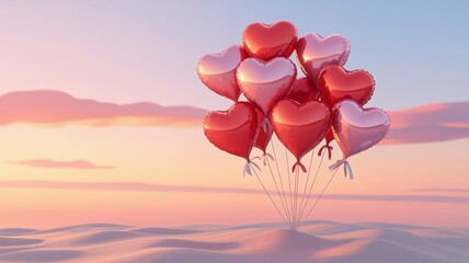 Fototapeta premium Heart-Shaped Balloons at Sunset in a Sandy Landscape