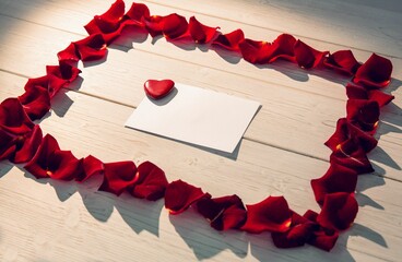 Card surrounded by rose petals