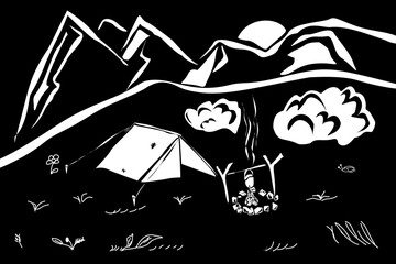 Black and white illustration of camping in the wild. Tent in the wild. Pot hanging over a campfire. Camping, adventure in the wild. Mountains in the background. Insects around.
