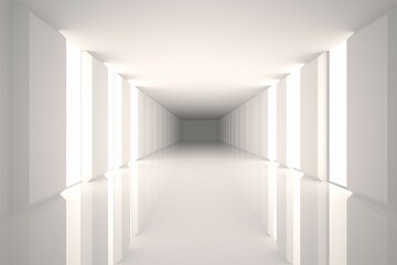 Minimalist corridor is showing white walls and high-gloss floor in 3D render with vertical panels