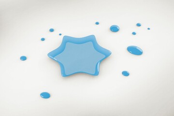 Glossy blue liquid star is resting on smooth white surface in flat design, with scattered droplets