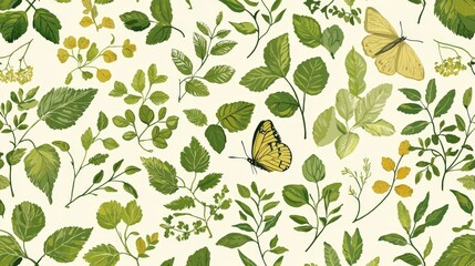 A vibrant green botanical pattern showcasing diverse leaves and a butterfly.