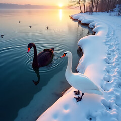 Elegant Black and White Swans by a Snowy Winter Lake at Sunset