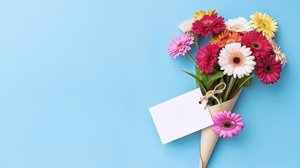 Colorful bouquet of gerbera daisies with a blank gift tag. Flower arrangement wrapped in craft paper for celebration.