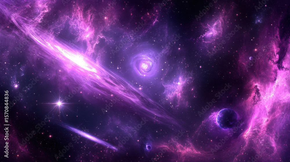 Poster cosmic spiral galaxy and nebula in outer space at night, illuminated by bright stars. universe explo