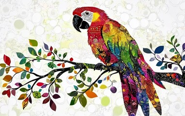A vibrant parrot resting on a colorful branch.