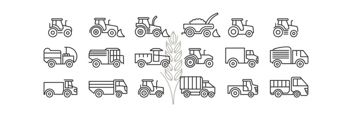 Farm Vehicle Icons Set, Black Outline Tractors and Trucks on White Background