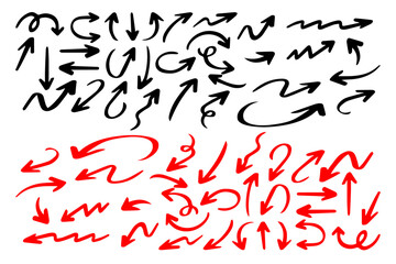Hand drawn arrow vector icons set. Elegant arrows set. Black and red arrows white background