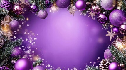 Elegant holiday background showcasing purple ornaments and greenery for celebration.