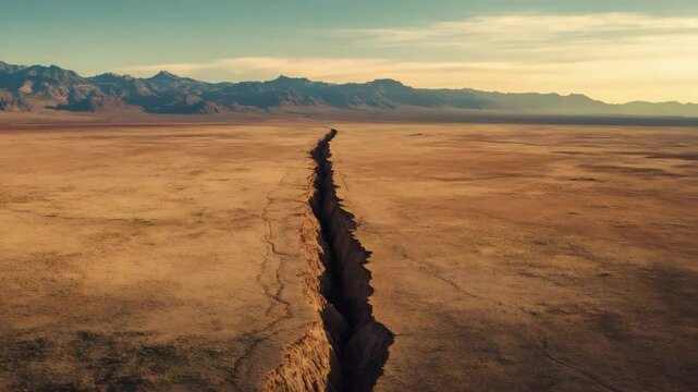 Ground deformation creates a deep fault line across a vast desert landscape, indicating recent seismic activity and potential geological instability