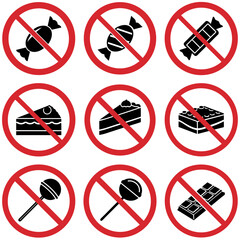 Set of prohibitory signs indicating that consumption of sweets is prohibited in this area