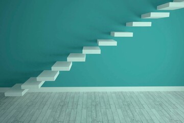 Flat design showing white floating stair treads slanting along teal wall above gray plank floor