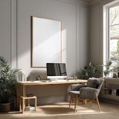 Sunlit home office with a large framed blank canvas, wooden desk, computer, armchair, and plants