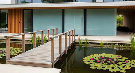 Fototapeta premium A modern house with a wooden bridge over a pond with lily pads and pink flowers near sliding glass doors