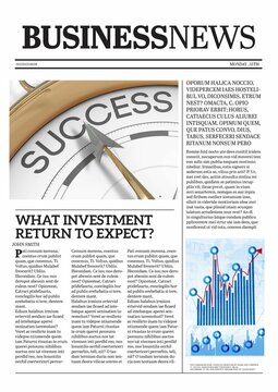 Flat design business newspaper front page is showing compass pointing to SUCCESS, bar chart rising