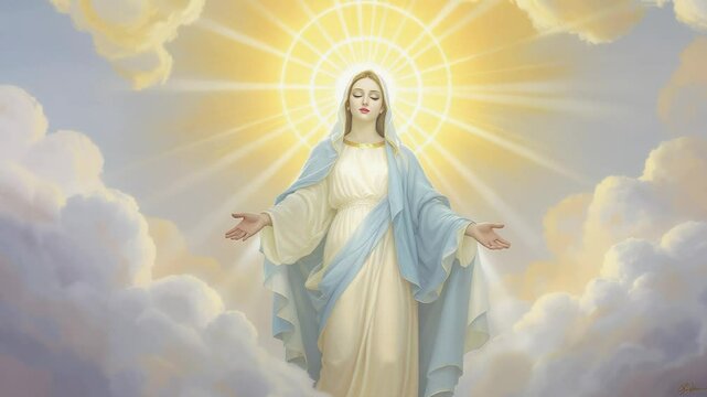Serene depiction of the Virgin Mary amidst clouds and radiant light symbolizing hope and faith