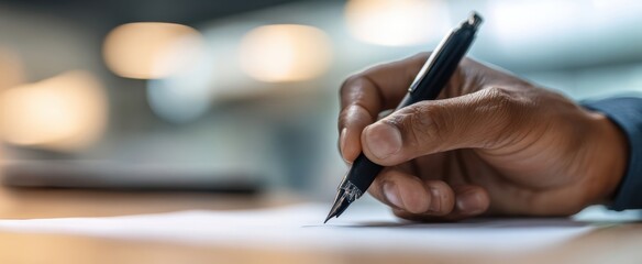 The hand elegantly writing with a pen on a blank sheet of paper.