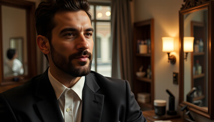 Man with precisely trimmed beard and mustache in vintage barbershop  