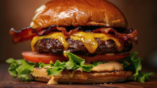 A close-up of a juicy, gourmet burger with melted cheese and fresh toppings	An extreme close-up, mouth-watering shot of a gourmet cheeseburger, with a thick patty, perfectly melted cheese, crispy baco
