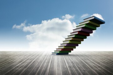 Book staircase ascending into sky with clouds over wooden platform extending horizon in flat design