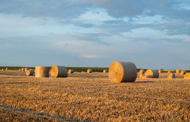 Golden sunset over farm field with hay bales.