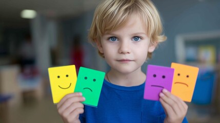 Young child displaying colorful emotion cards in a bright indoor setting at a childcare facility