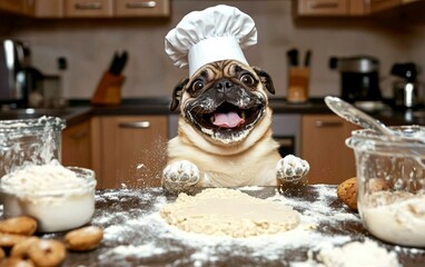 Cozy kitchen antics with a pug and baking ingredients.