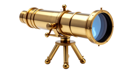 Antique brass telescope on tripod isolated on transparent background